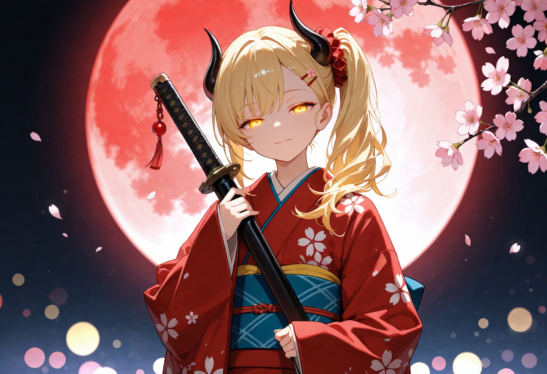 夜桜赤い月と女鬼高生さん | の人気AIイラスト・グラビア