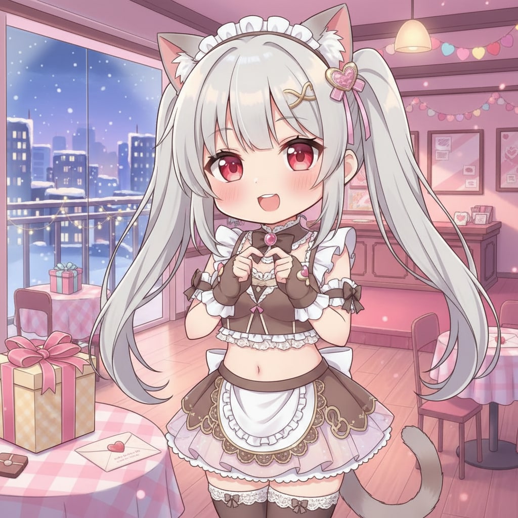 銀ツイにゃん。メイド。バレンタイン アニメ風。 chibi. | の人気AIイラスト・グラビア