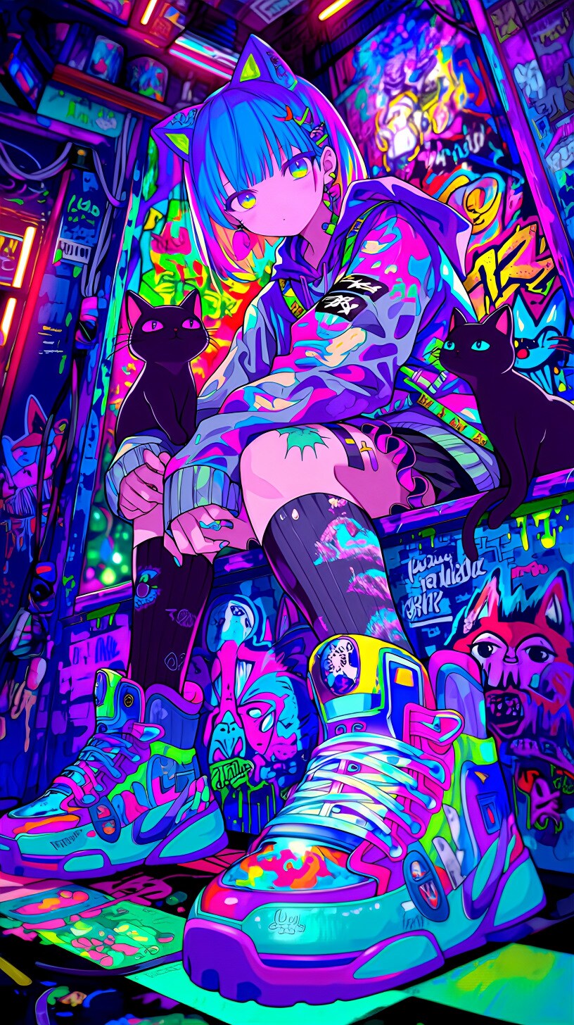 ネオン街の猫耳少女 | の人気AIイラスト・グラビア