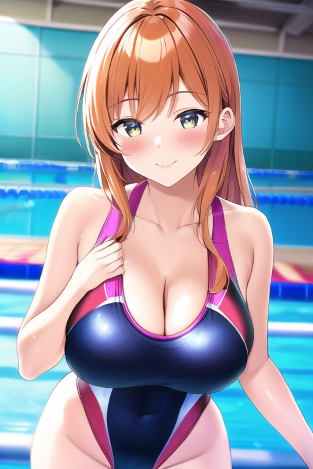 オレンジ髪☓競泳水着の爆乳お姉さん
