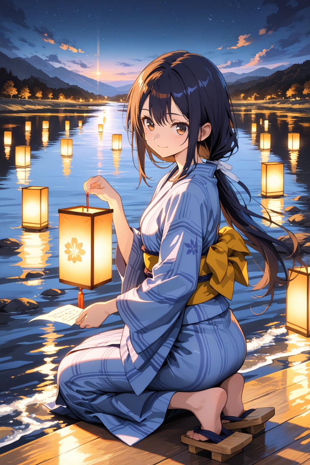 灯篭を、そっと川へ。