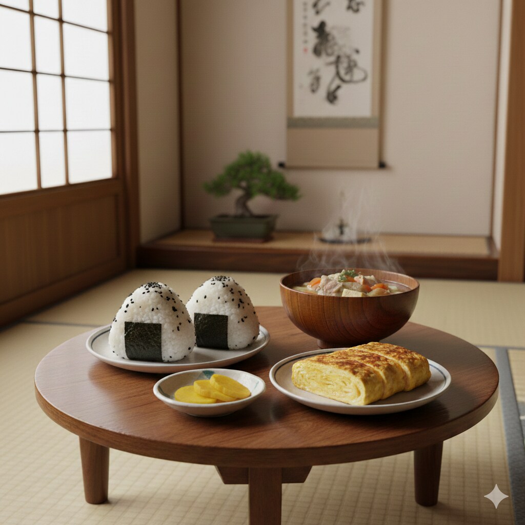 【朝食】おにぎり、沢庵、豚汁、厚焼卵