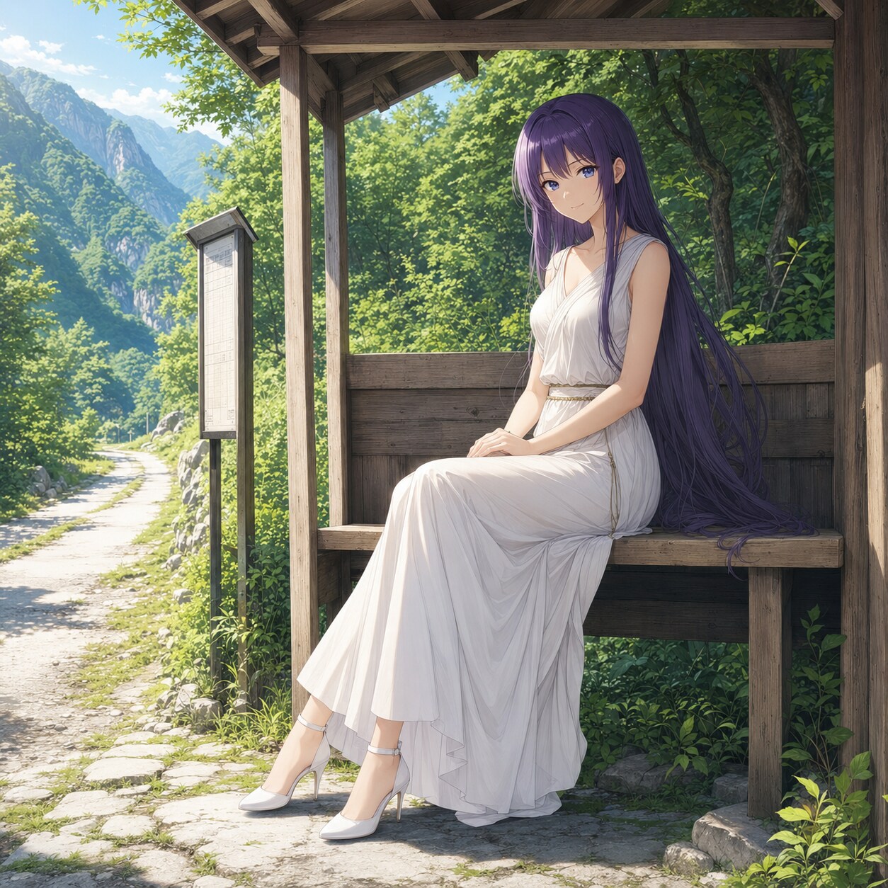 バス停で待つ女性