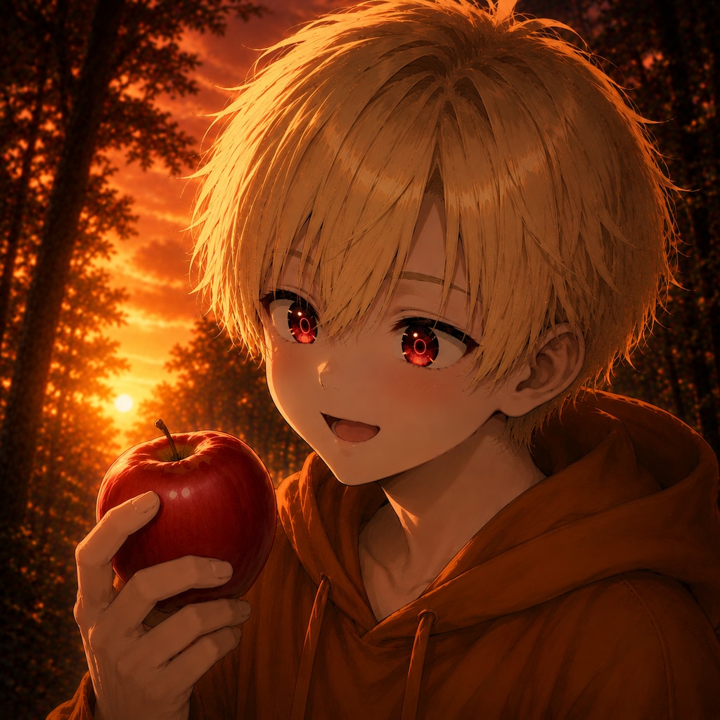 りんごを食べる少年