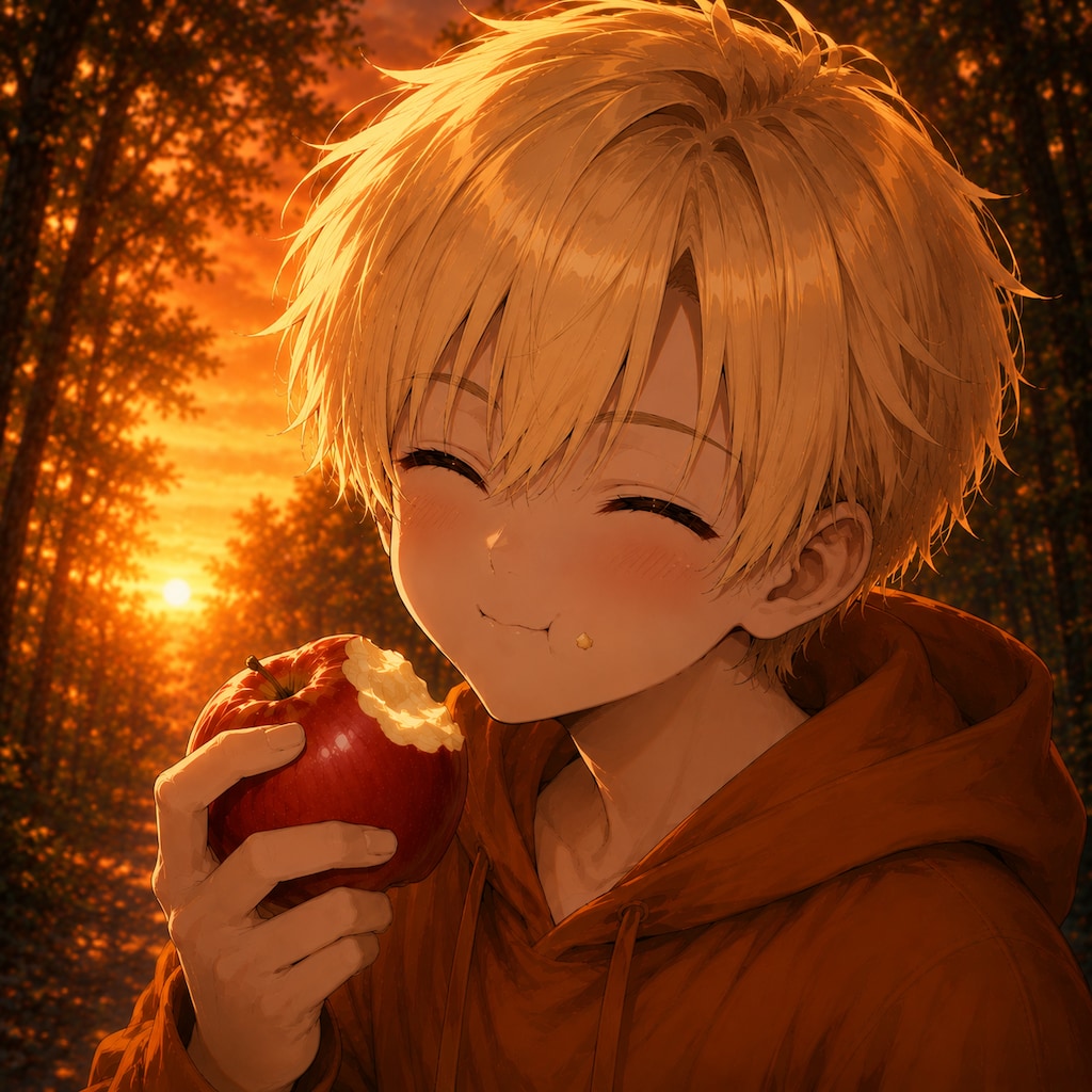 りんごを食べる少年
