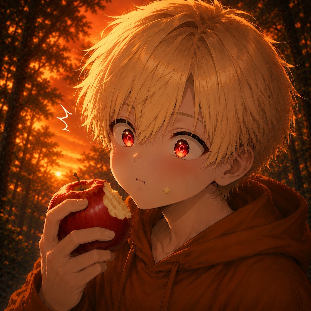 りんごを食べる少年