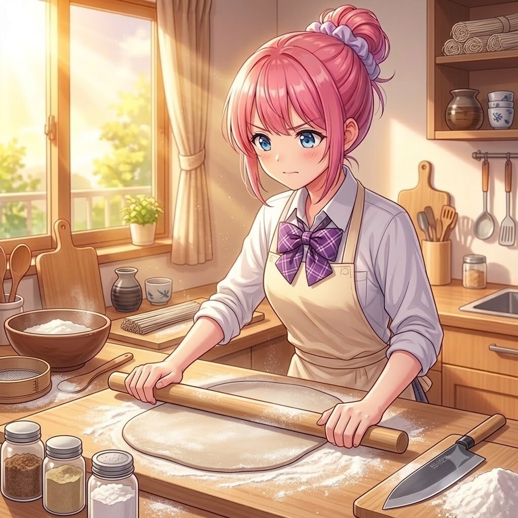 おはようございます♪蕎麦打ちをするピンクアプドゥちゃん🩷