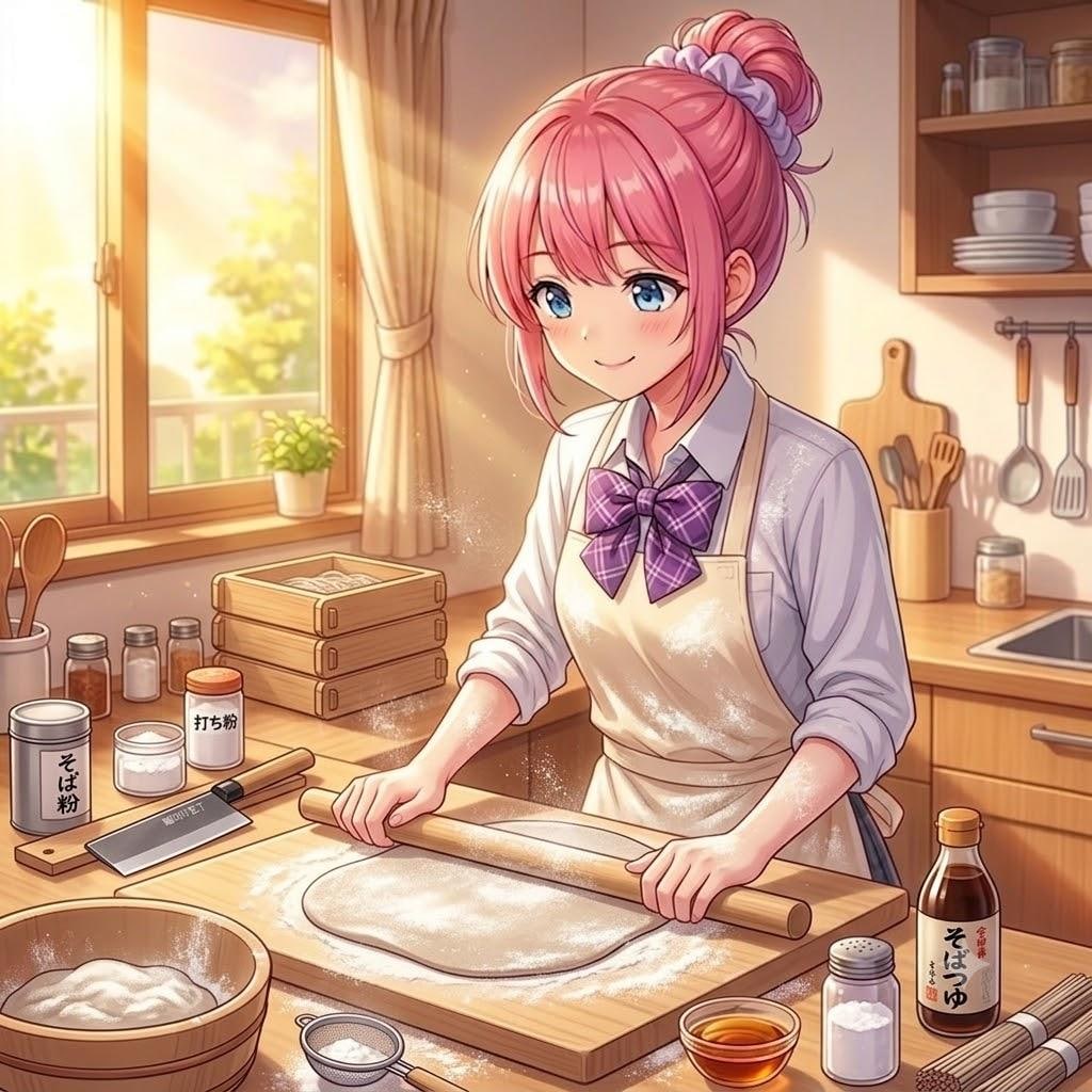 おはようございます♪蕎麦打ちをするピンクアプドゥちゃん🩷