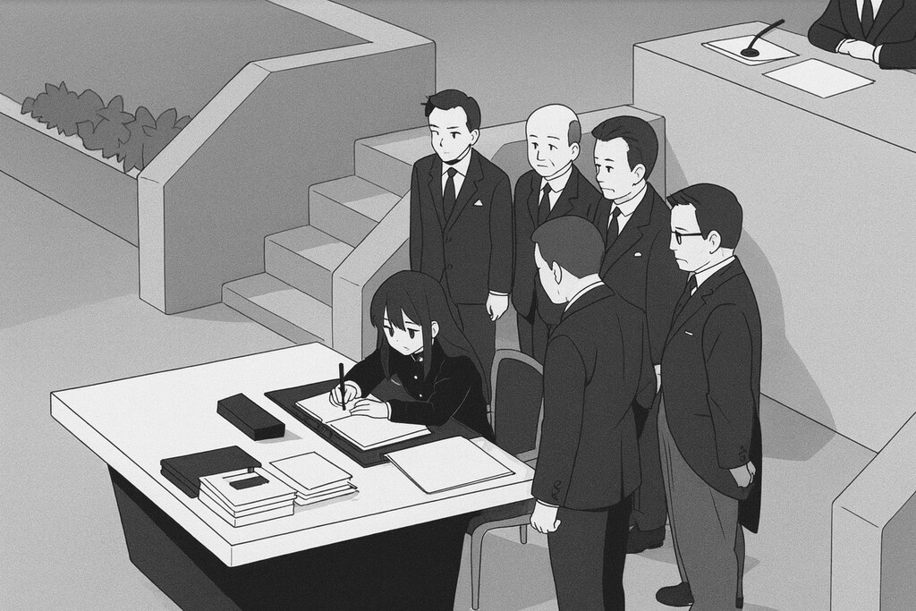 サンフランシスコ平和条約に署名する吉田茂のコスプレをするサキちゃん