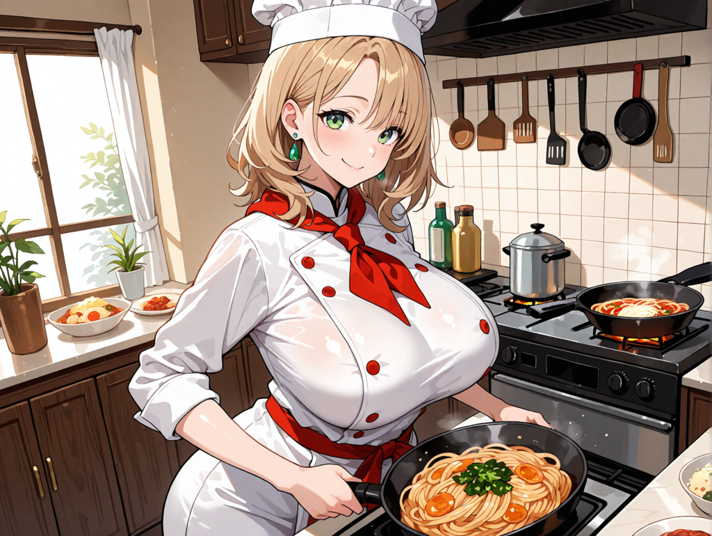 レストランの厨房で料理をする柚月さん