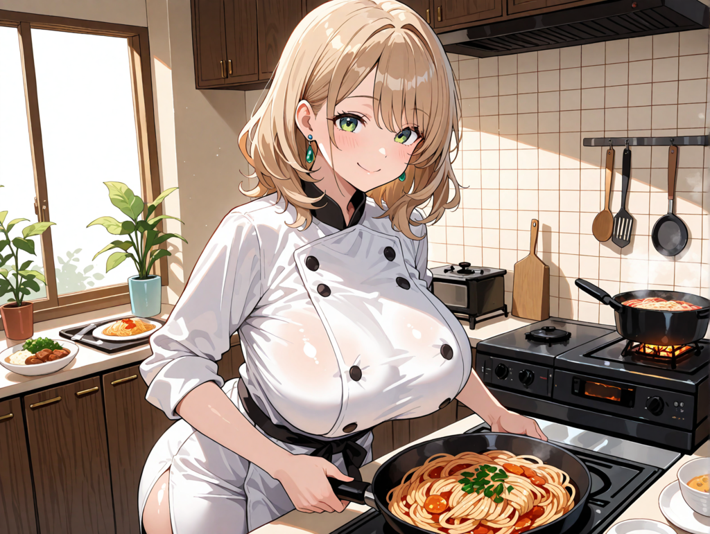 レストランの厨房で料理をする柚月さん