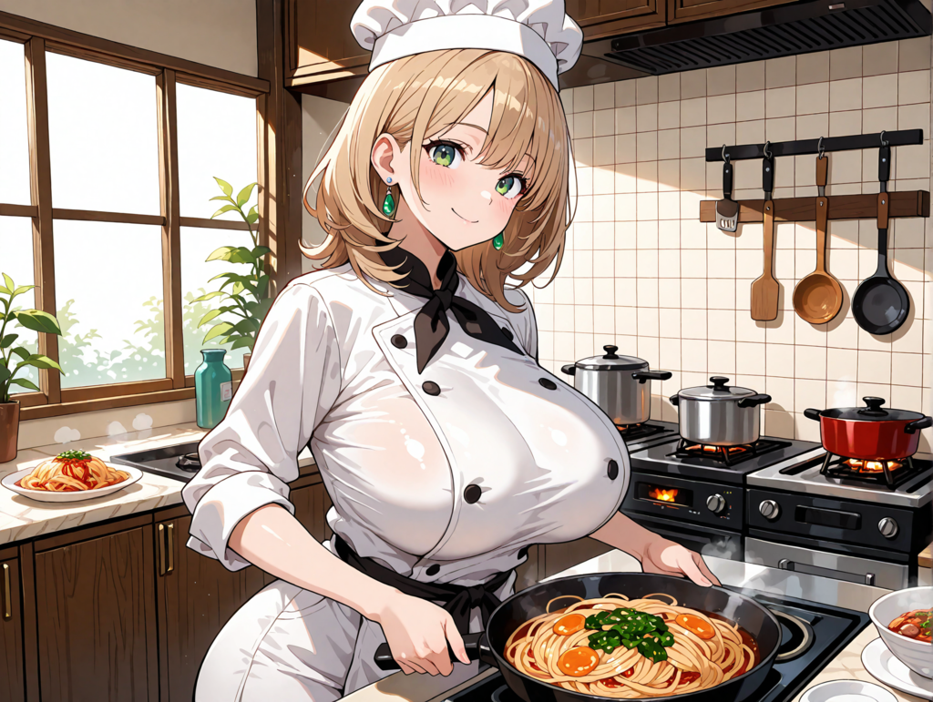 レストランの厨房で料理をする柚月さん