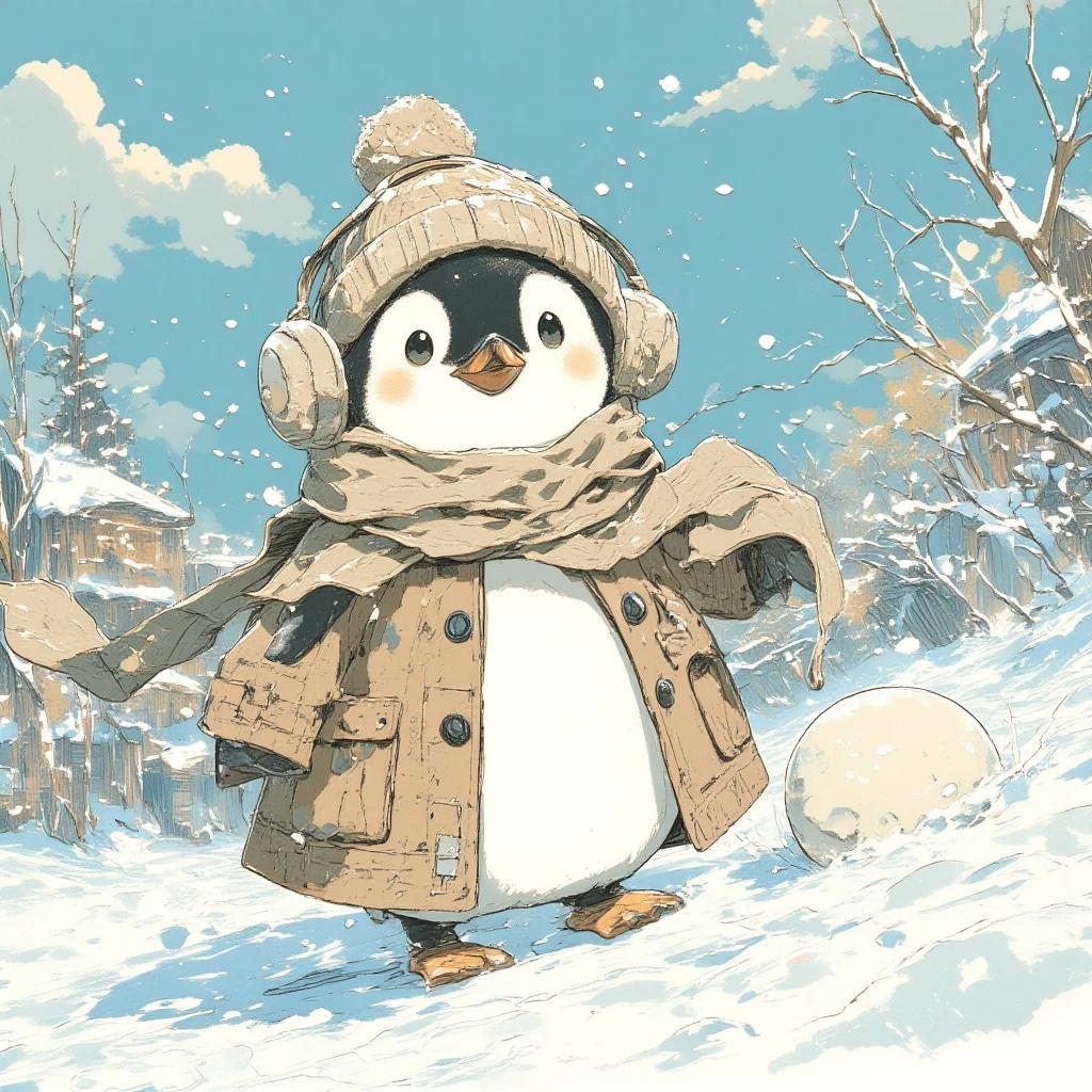冬ペンギンの雪遊び
