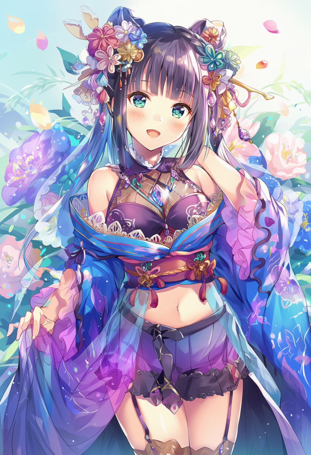 See-through cut-and-sew & off-the-shoulder kimono