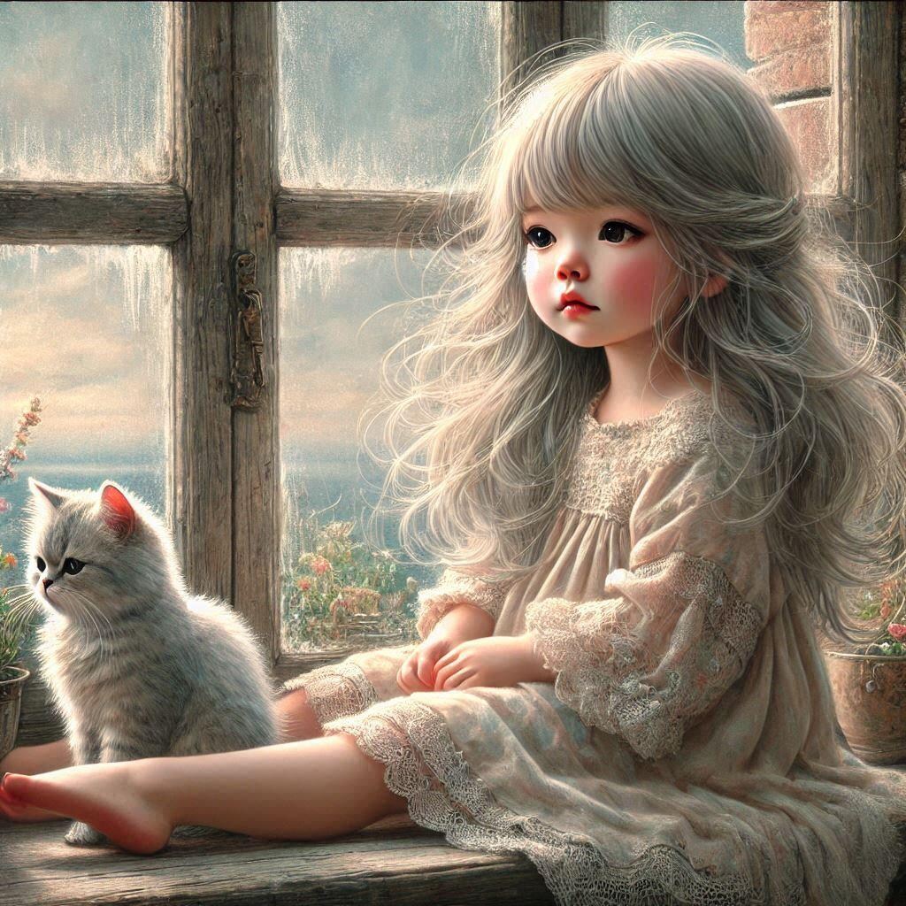 窓辺に座る女の子と猫様