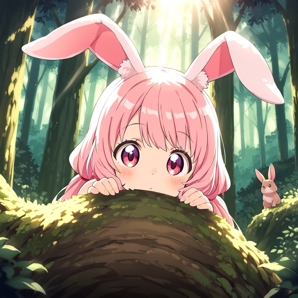 木の陰からひょっこり顔を出して様子を伺う野ウサギちゃん♡