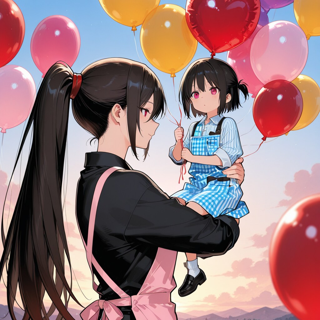 いっぱい色とりどりの風船を持つエプロン付けた黒髪ポニーテールの美女