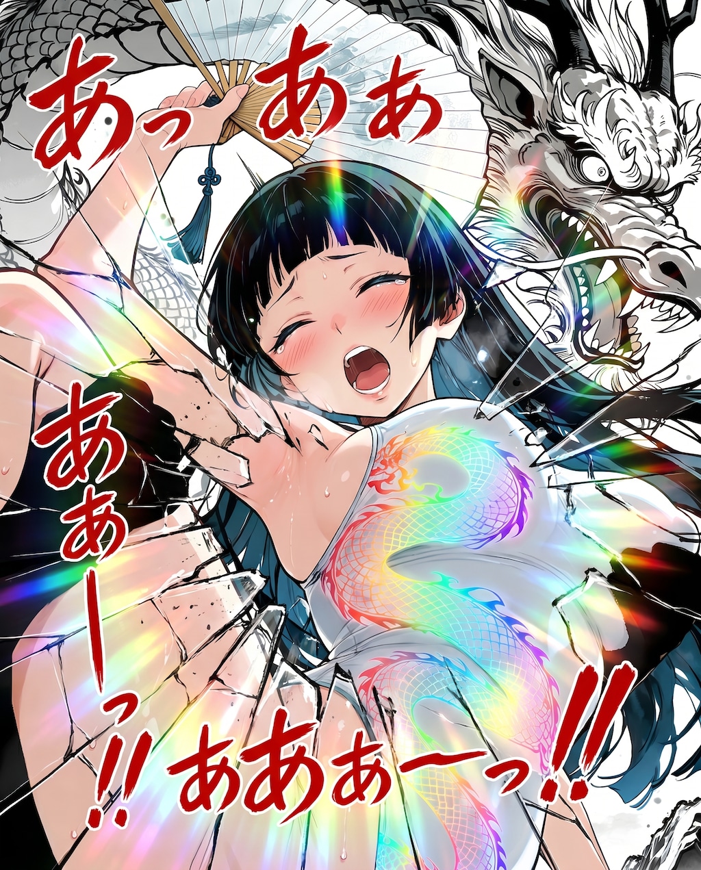 龍の怒り！偽ハイレグ巫女に滅びのイチモツ咆哮！・・龍の紋様が全て輝き！偽者の肉体が龍イチモツの波動に侵食されきった時、彼女の肉体は崩壊する💦