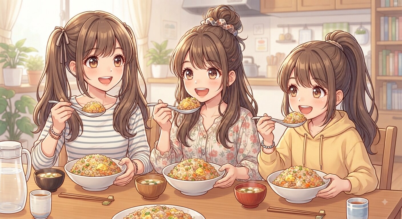 チャーハンを作って食べる姉妹