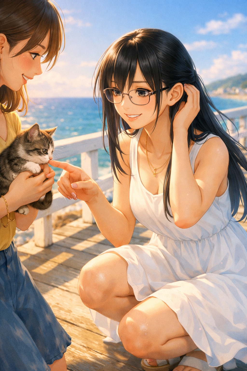 黒髪メガネ　海辺で子猫に手を差し伸べる