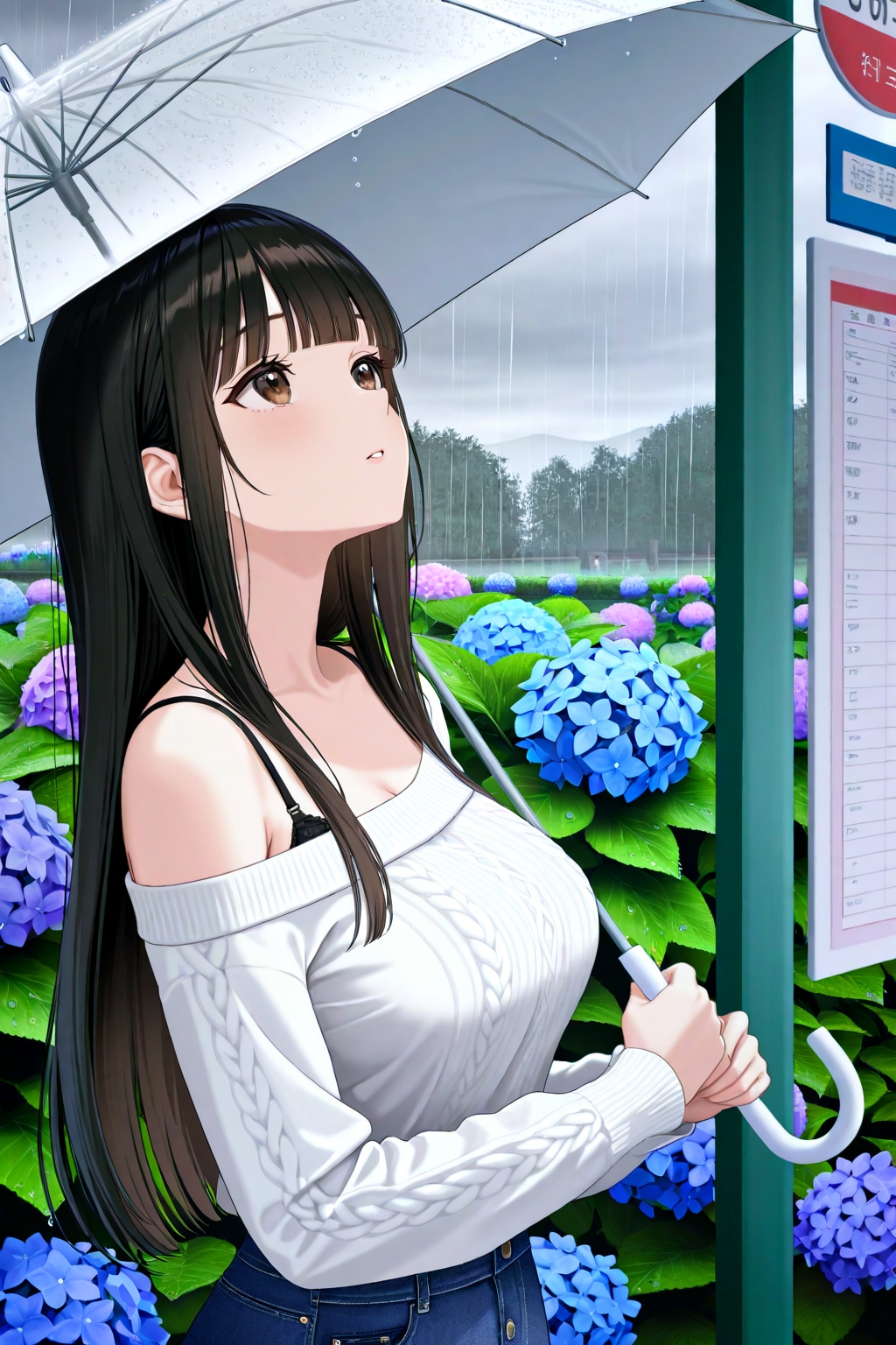雨の中バスを待つサキちゃん