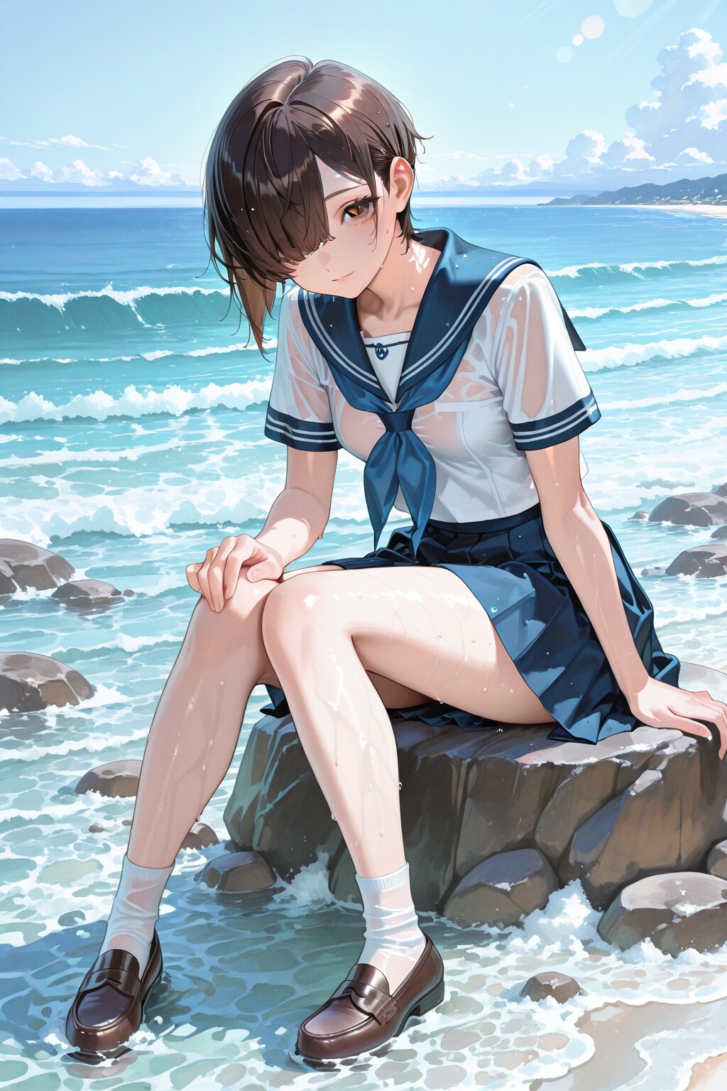 海辺の目隠れ女子