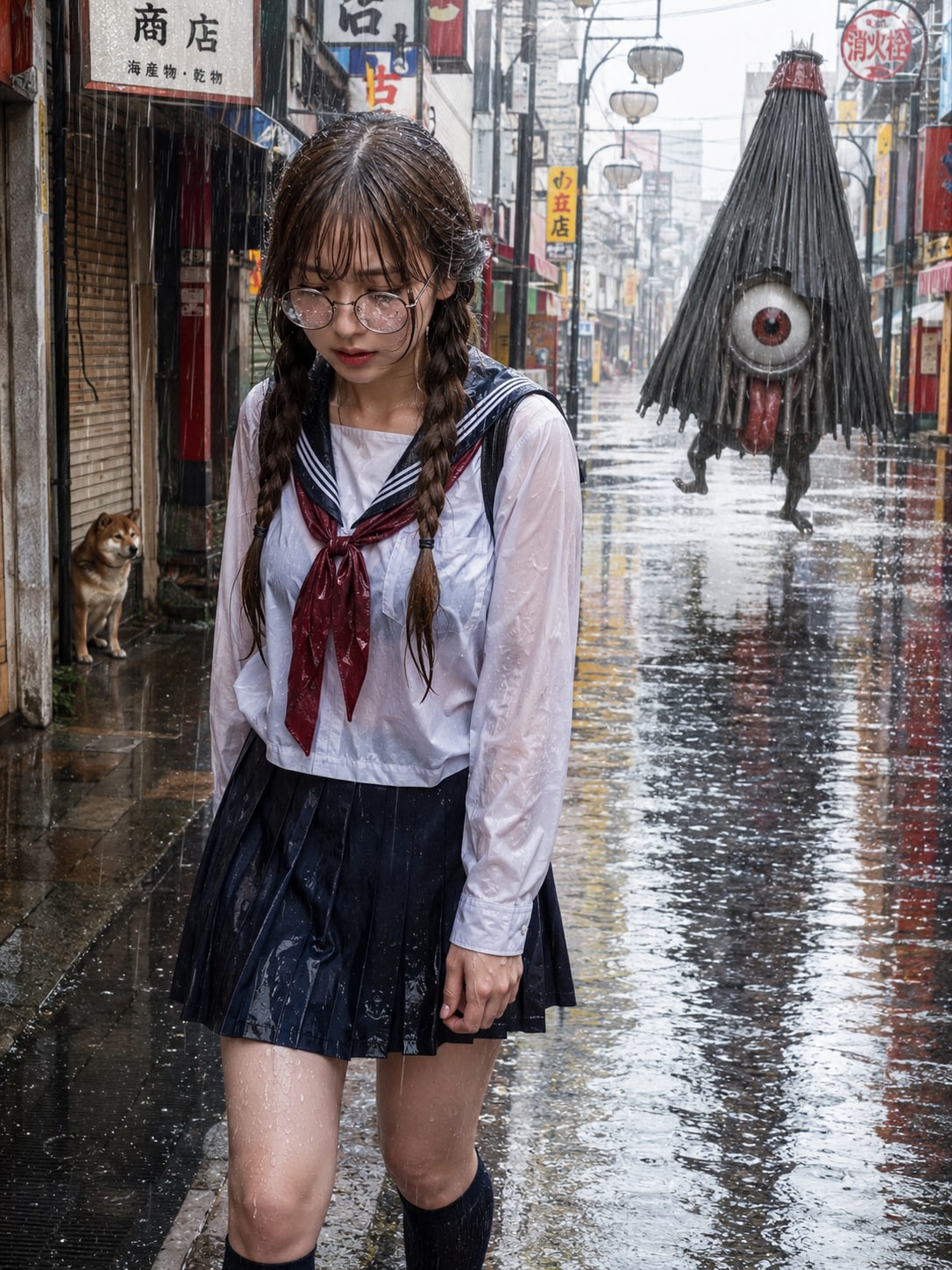 雨と女の子と唐傘お化け