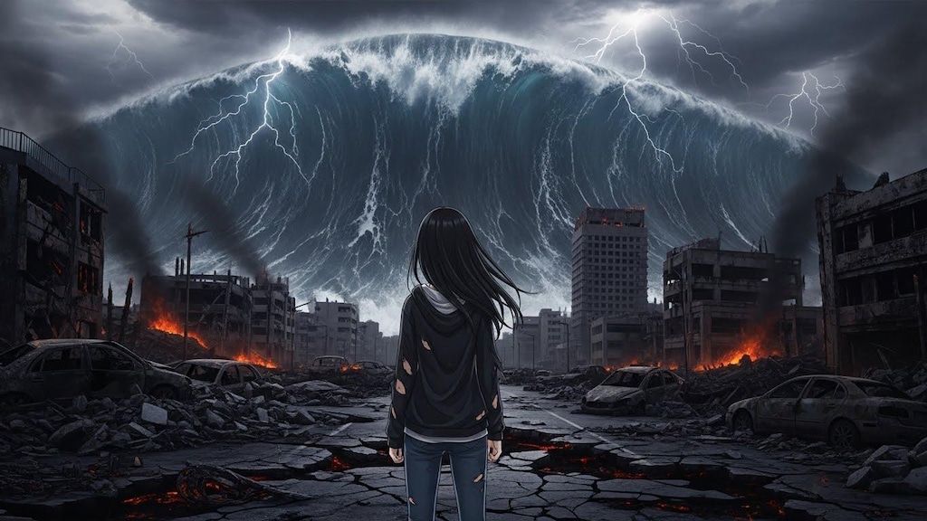 超巨大津波を見上げる女の子