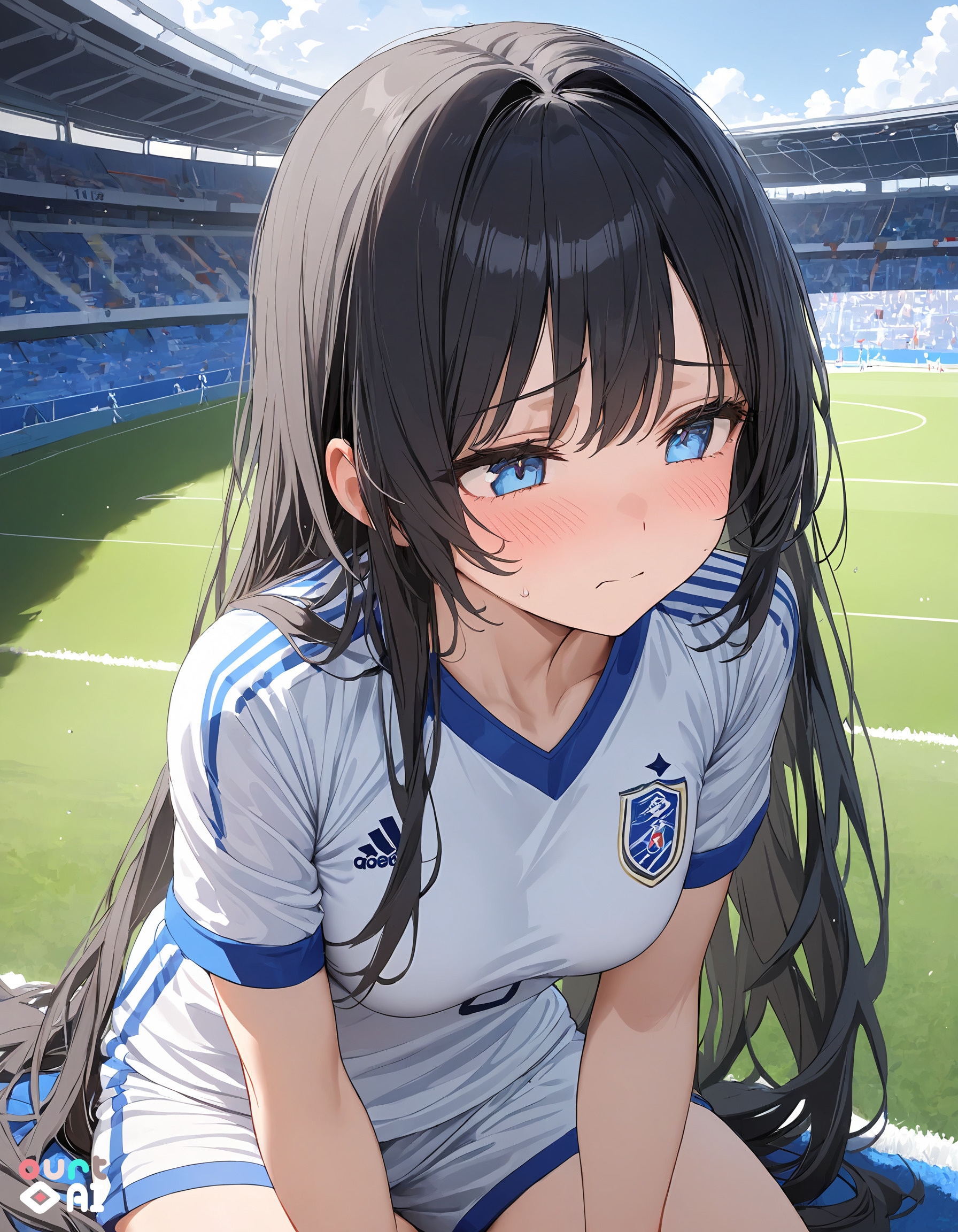 サッカーユニフォームの葵さんとスタジアム(ourtAI版)