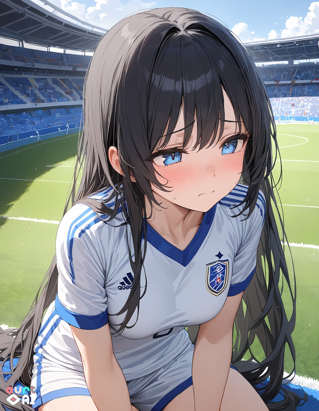 サッカーユニフォームの葵さんとスタジアム(ourtAI版)