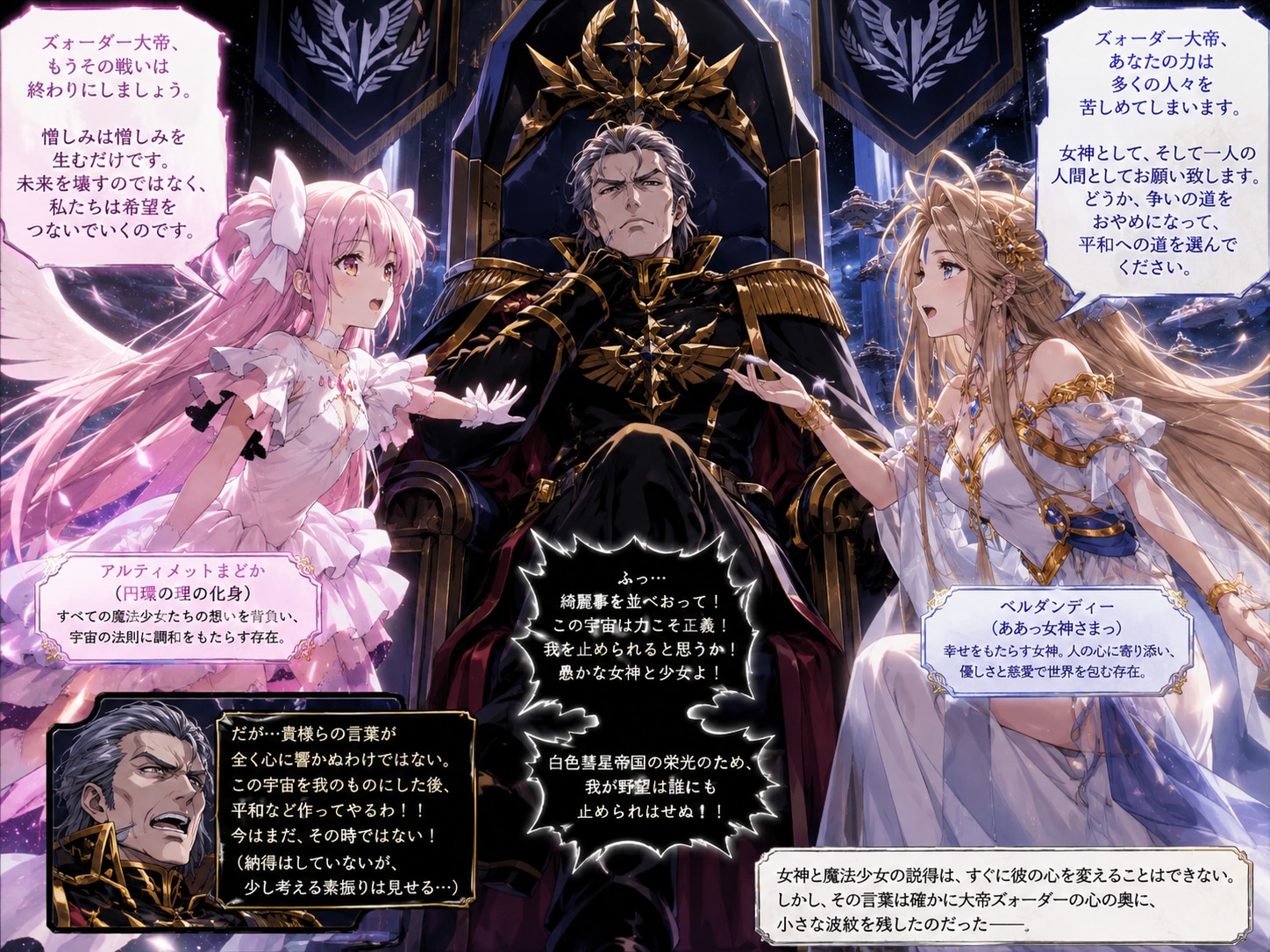 大帝ズォーダー(白色彗星帝国)を説得するアルティメットまどかとベルダンディー | の人気AIイラスト・グラビア