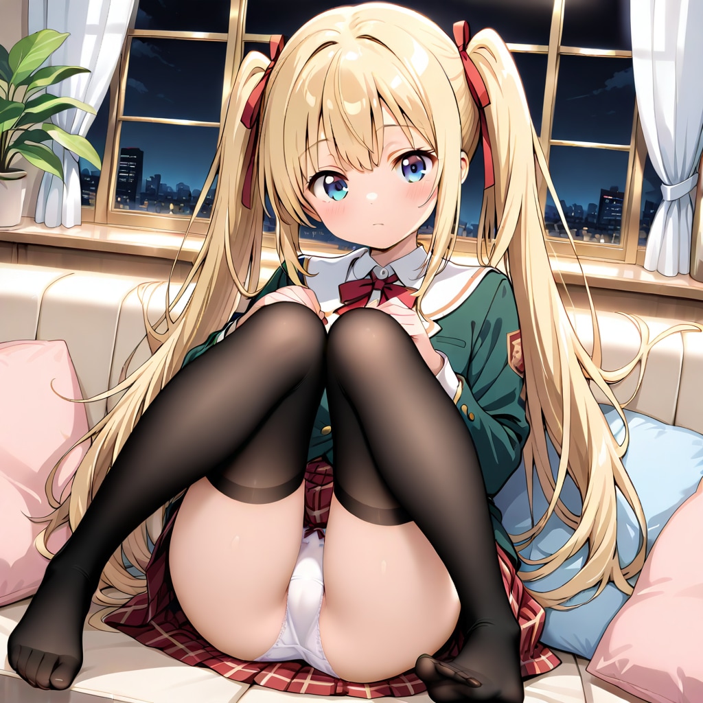 ソファで黒ニーハイの脚広げ白パンツ