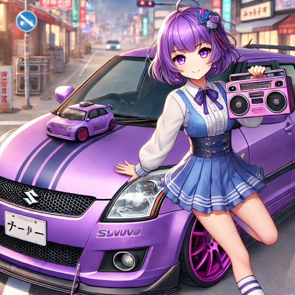 ラブライブキャラとパープルカラースズキスイフトスポーツのドリ車