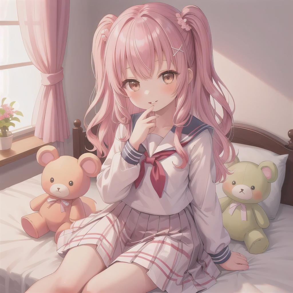 ピンク髪ロングで寝室の少女２