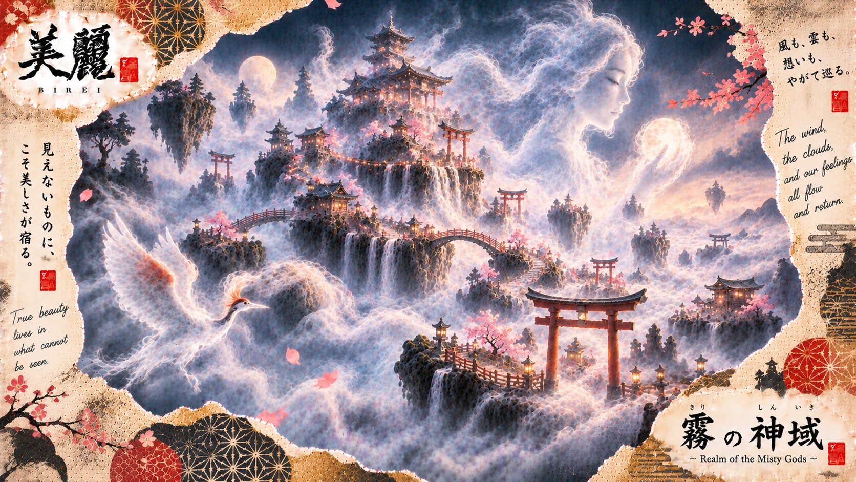 Realm of the Misty Gods  Set within a breathtaking sea of clouds filled with floating shrines, sacre | の人気AIイラスト・グラビア