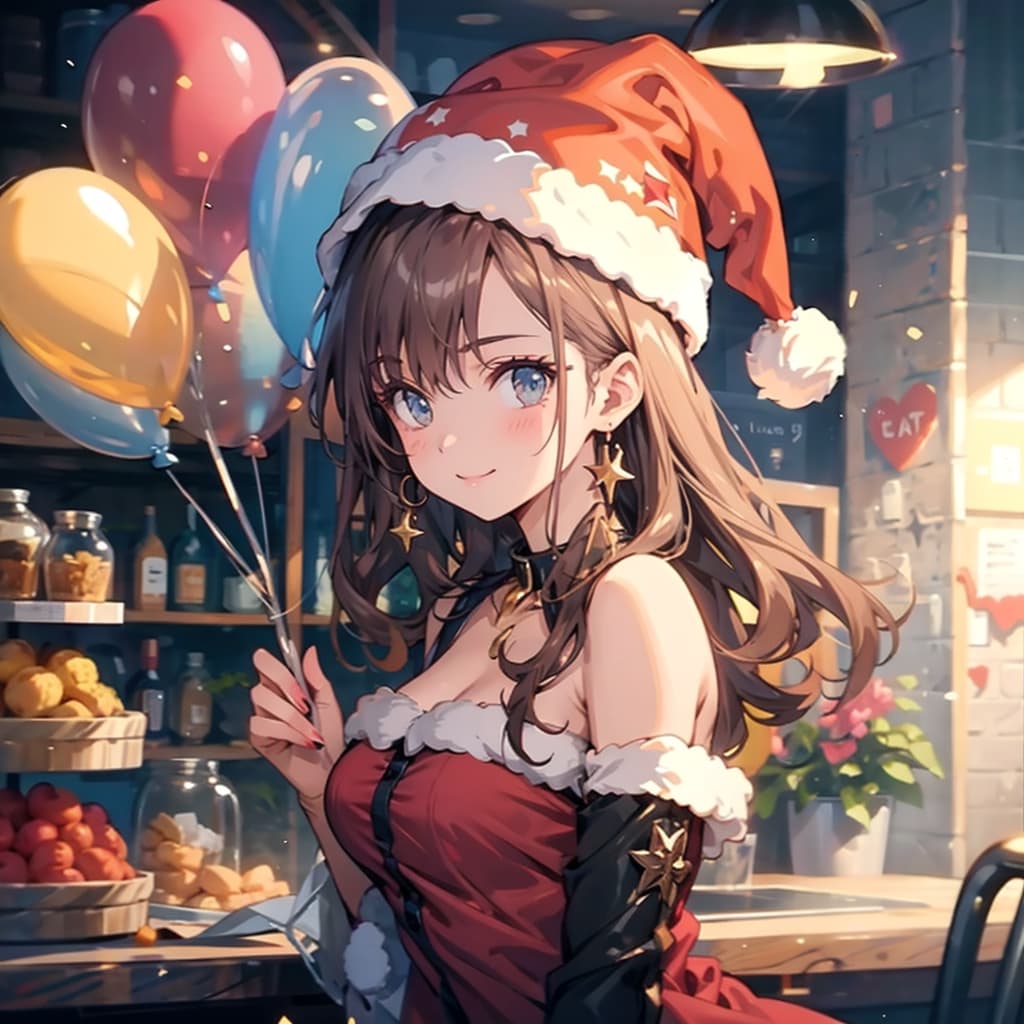 いっぱい風船を持つサンタ衣装着た美女。