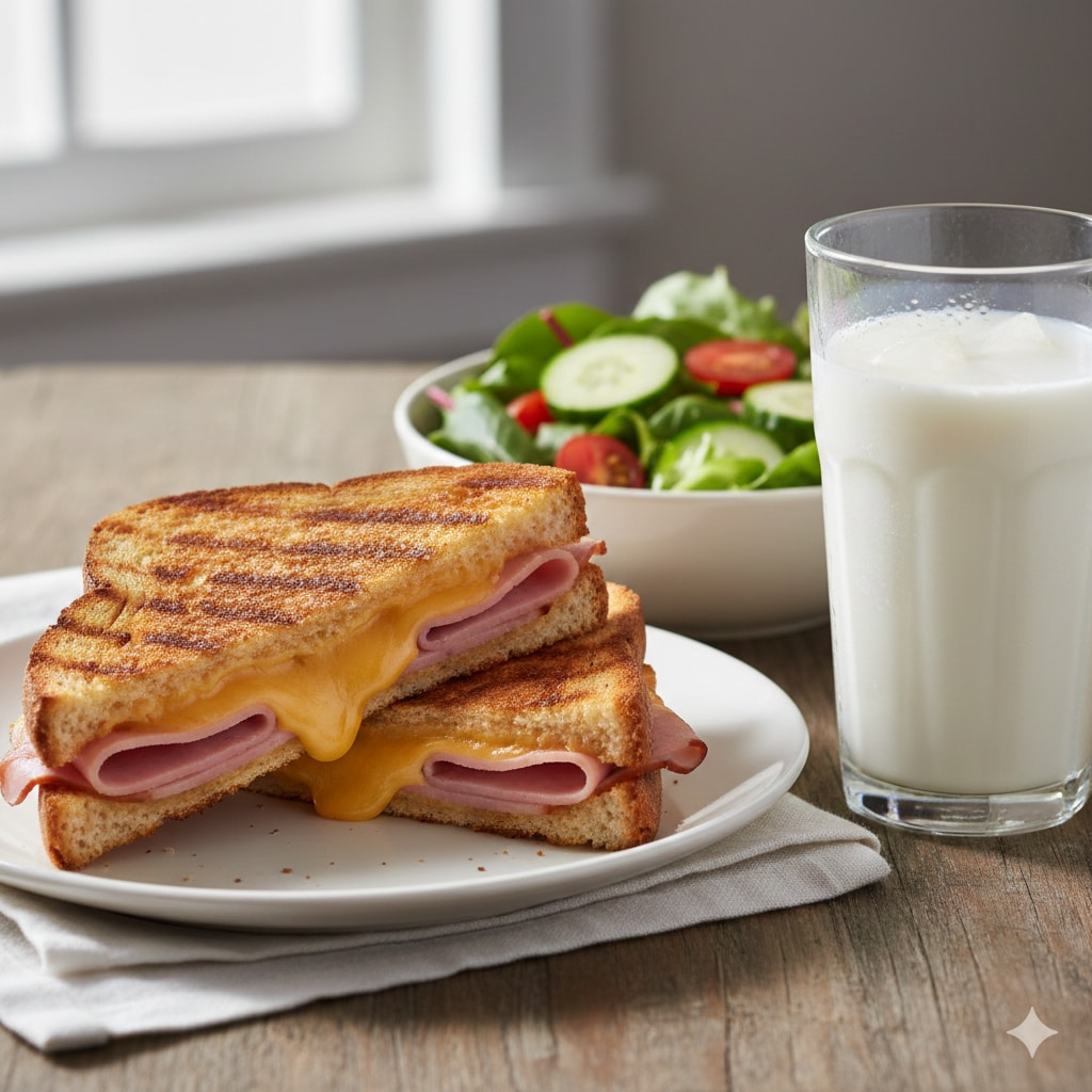 【昼食】ハムチーズホットサンド、サラダ、牛乳