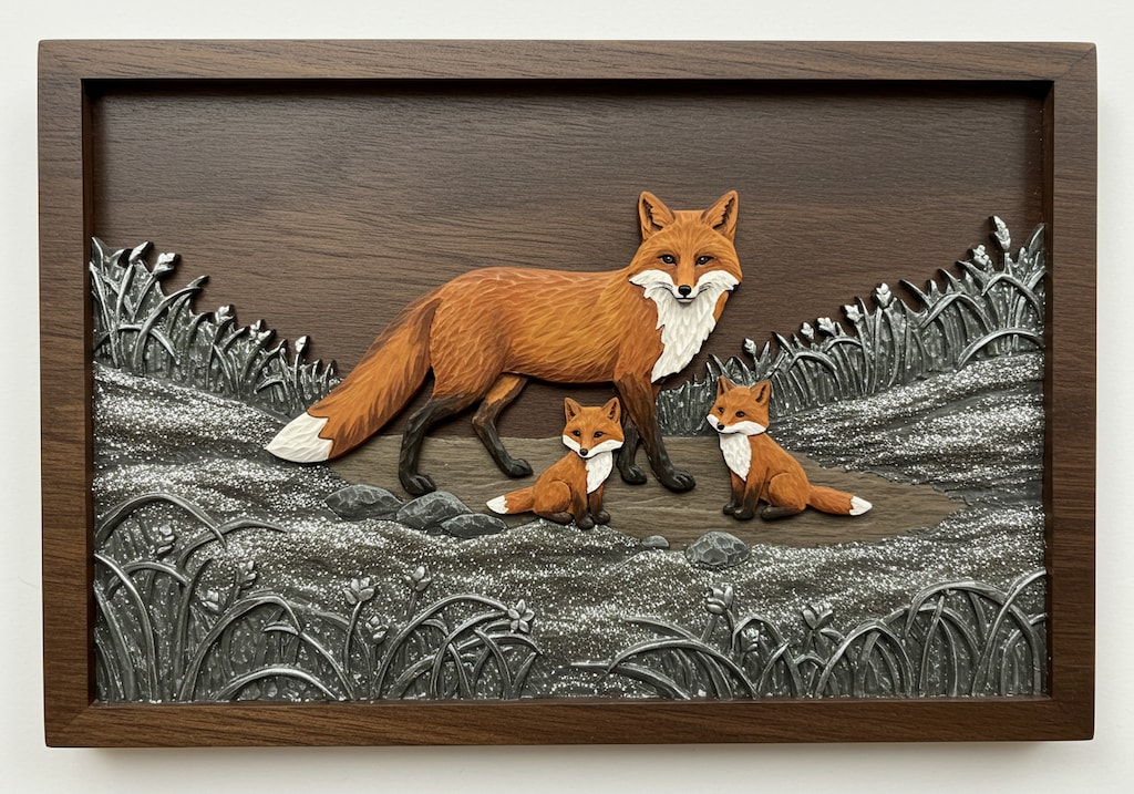 狐の親子・木彫レリーフ