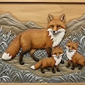 狐の親子・木彫レリーフ 2枚目