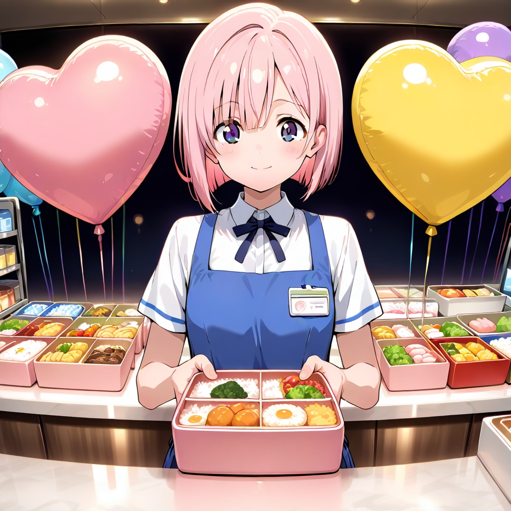 ハート風船を持つピンク髪ショートカットのお弁当屋さんの美女店員さん