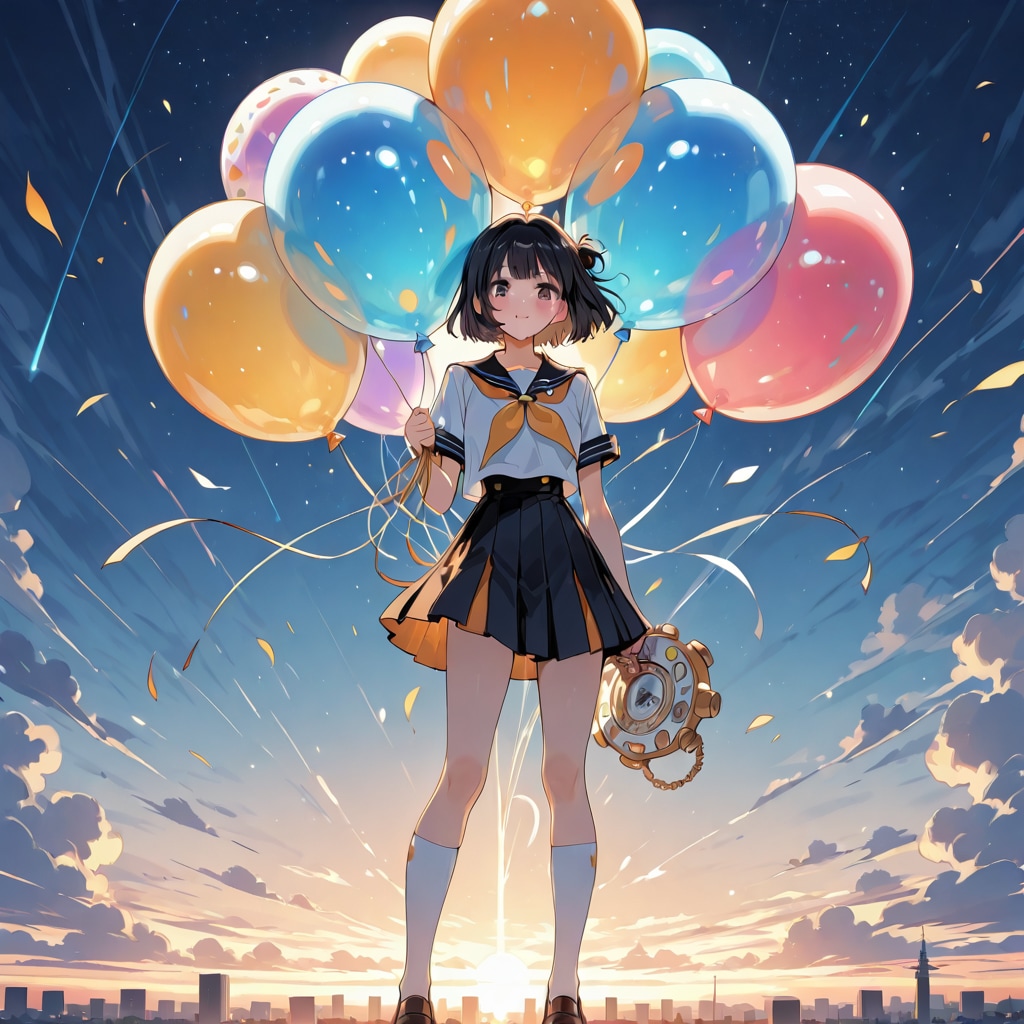 いっぱい色とりどりの巨大風船を持つ黒髪ショートカットのセーラー服の美少女 | の人気AIイラスト・グラビア
