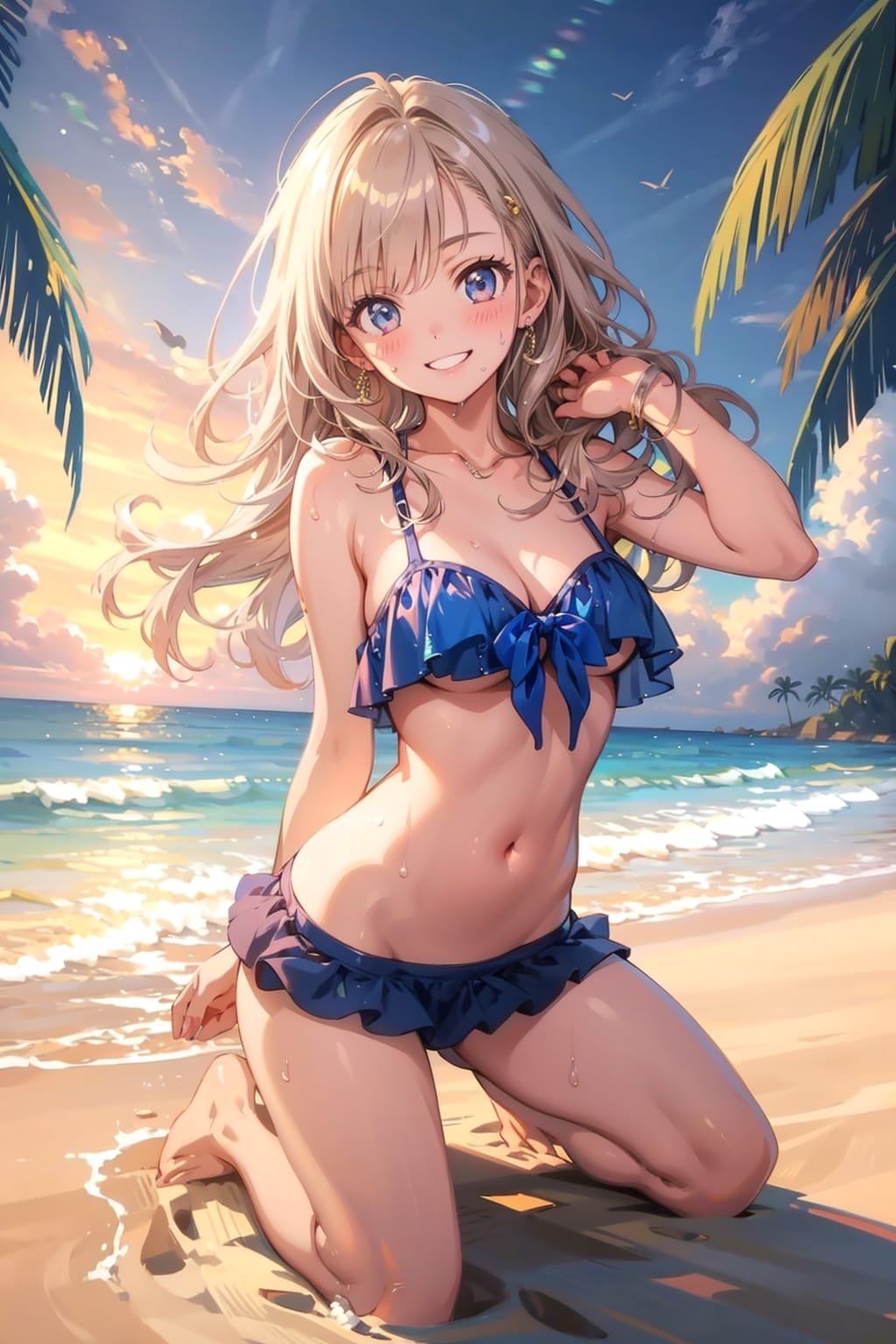 夕焼け空の下、ポーズを取る彼女