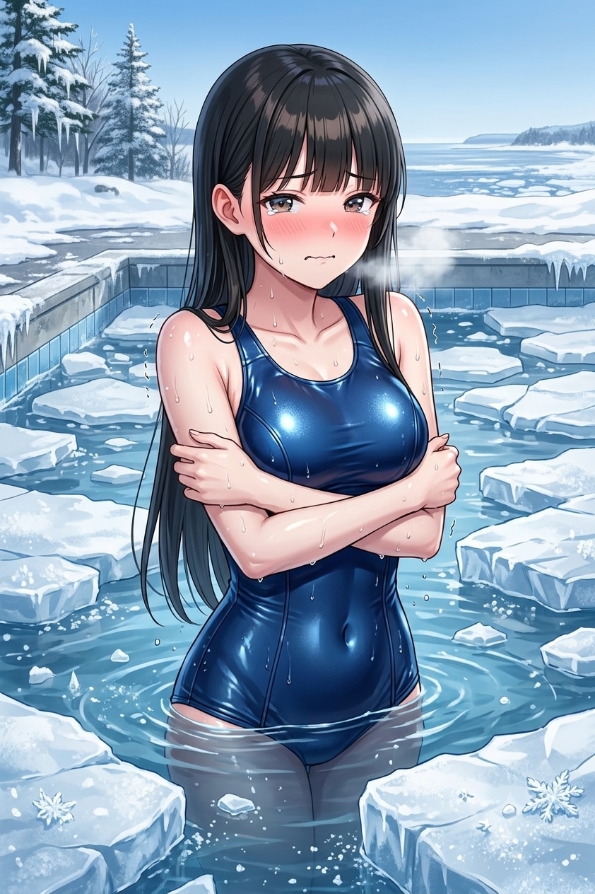 スク水で寒中水泳するサキちゃん