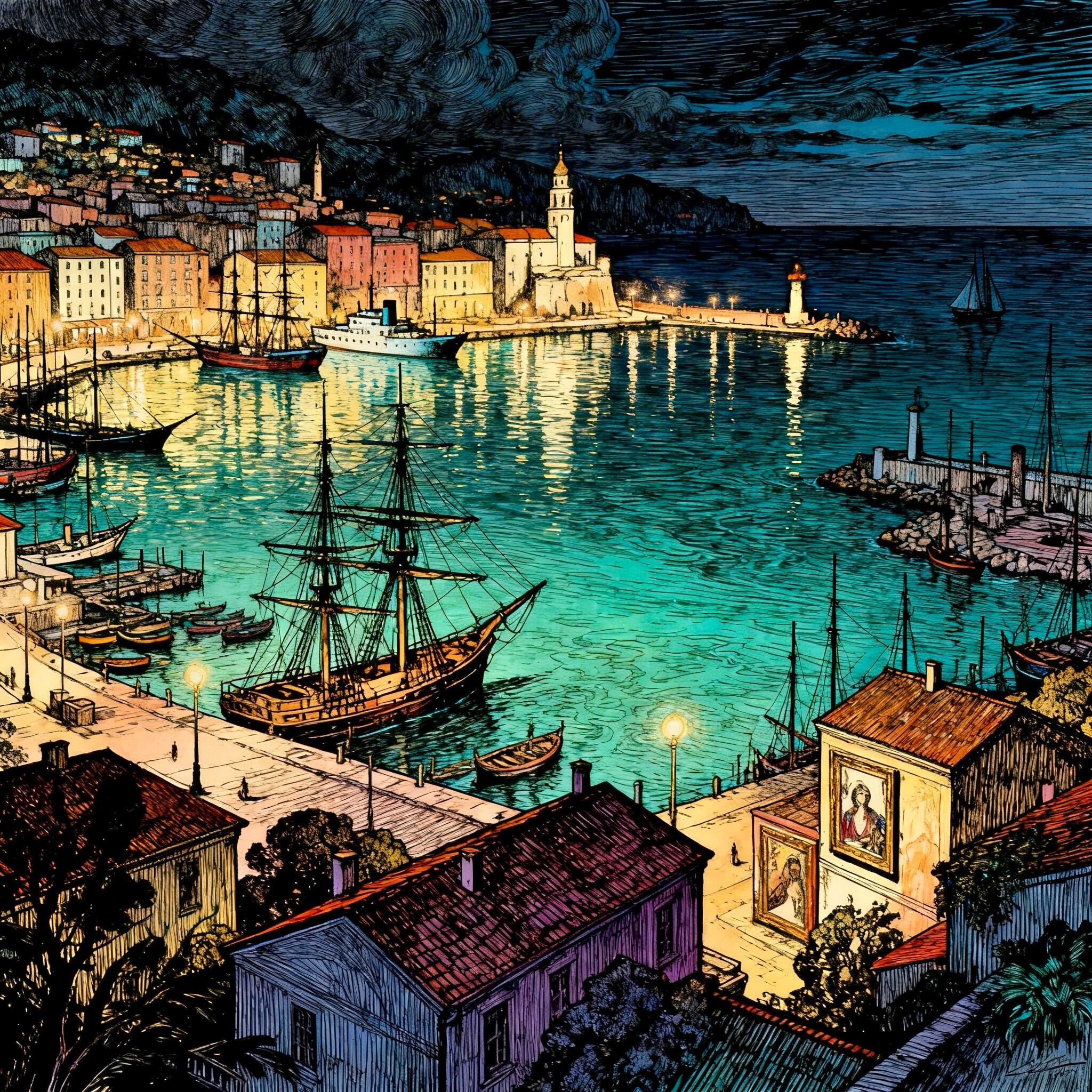 夜の港町 | の人気AIイラスト・グラビア