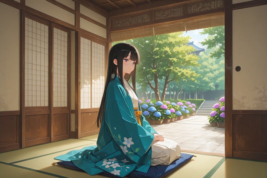 紫陽花と日本家屋