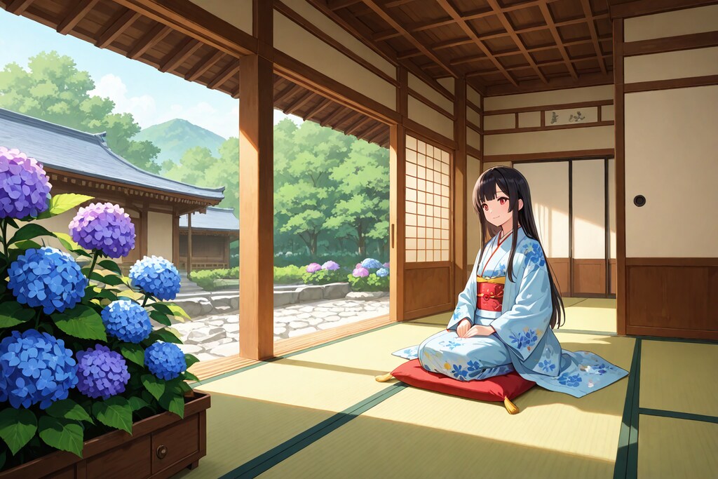 紫陽花と日本家屋