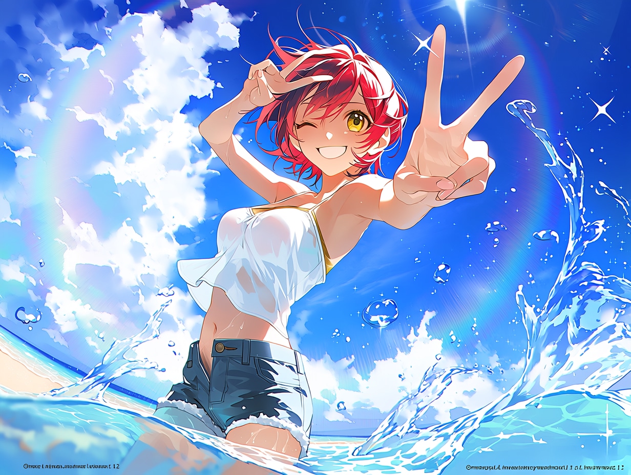 水辺でダブルピース（１）秋津七海　niji7 | の人気AIイラスト・グラビア