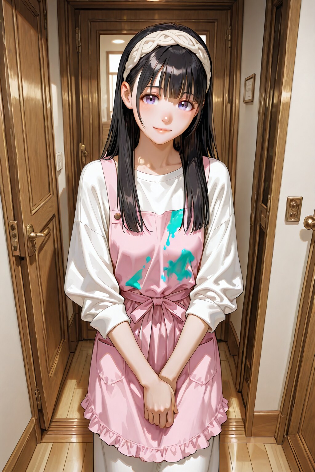 玄関で絵具で汚れたエプロンをまとっている女性 | の人気AIイラスト・グラビア
