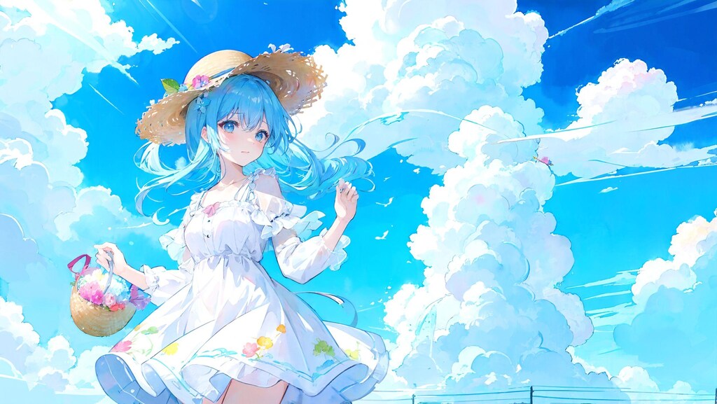 入道雲、サマードレス、麦わら帽子