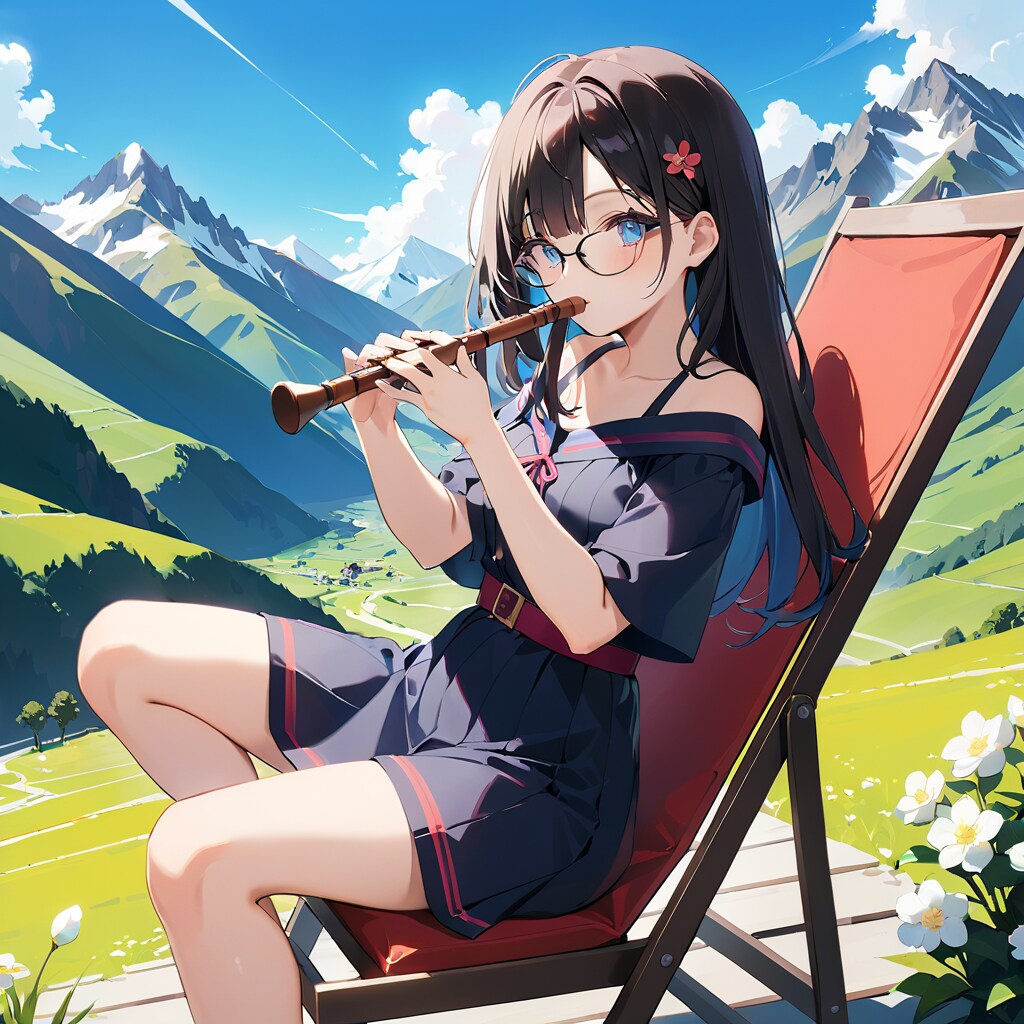 アンデスの山中でケーナを演奏する少女